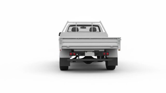 Back view of a flatbed pickup truck against a white background