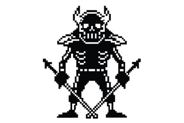 Pixel Art Skeleton Warrior with Spears Isolated on White Background