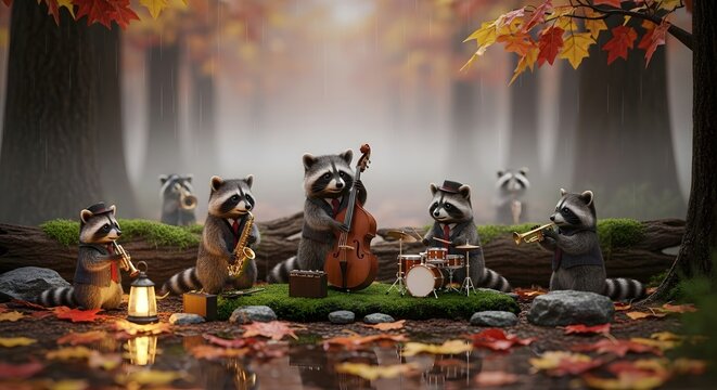 A whimsical band of anthropomorphic raccoons plays jazz music on instruments in a misty, colorful autumn forest.