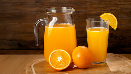 Orange juice in a pitcher and a glass. Oranges on a wooden board.