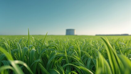A green field with tall grass, featuring a distant industrial structure or silo on the horizon under a clear sky.