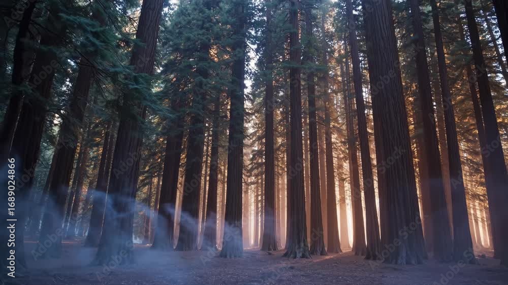 Poster sunbeams filter through towering trees in a mystical forest, creating a serene and ethereal ambiance