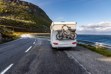 Family vacation travel RV, holiday trip in motorhome, Caravan car Vacation. Beautiful Nature Norway.