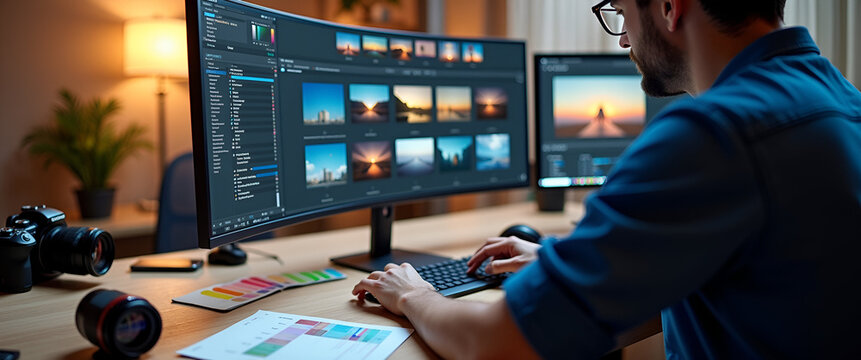 Graphic designer editing photos on dual monitor workstation surrounded by color swatches and camera gear for professional digital workflow and creative content imagery in  Photo Stock  Concept  and em