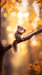 Squirrel foraging on a branch amidst autumn foliage