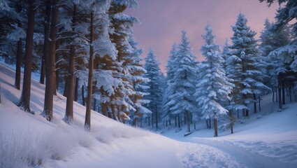 Obraz premium Snow-covered forest landscape with tall trees and a trail in winter. Forest, snow, landscape, winter, trees.