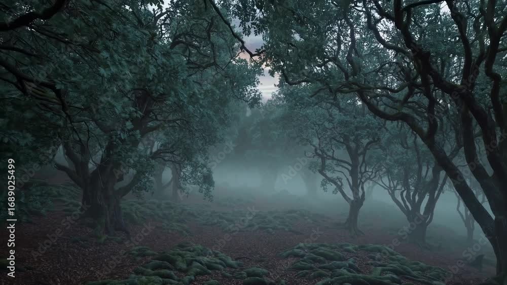 Poster misty forest landscape with dense trees and fog creating a mystical atmosphere in a tranquil wooded 