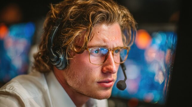 Focused man with headset working at control center