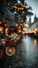 Cozy winter market scene with festive lights and pine