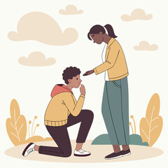 Young Couple Romantic Moment Outdoors Pastel Illustration