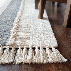 Close up of a textured woven runner rug with fringe detail on a dark wooden floor