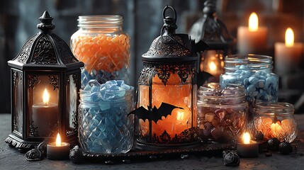 Spooky Halloween decor glowing candles and candy jars