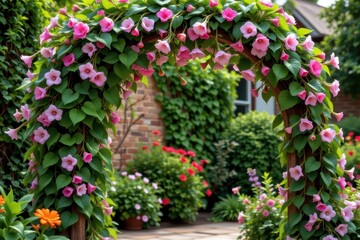Naklejka premium creeping flowering vine over garden arch, leaves and stems used in natural remedies, cinematic photorealistic wide shot showcasing climbing plant medicinal use vividly rendered