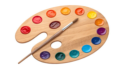 Artist wooden palette with colorful paints and brush isolated on transparent background PNG