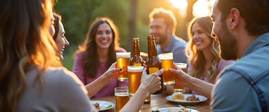 Candid Lifestyle Photography: Diverse Friends Enjoying Craft Beer and Laughter in Sunlit Park - Perfect for Stock Images with Space for Text - Powered by Adobe