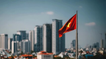 The Vietnamese flag waves in the wind, showcasing patriotism beside a contemporary cityscape on a cloudy day.