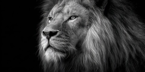 Majestic lion portrait captured in black and white showcasing powerful features and serene expression against a dark background