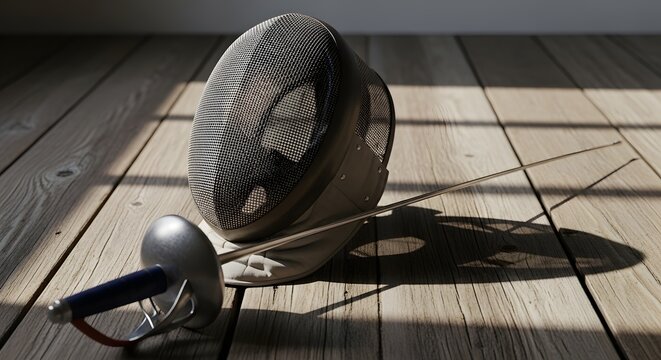 Fencing helmet and foil gear isolated