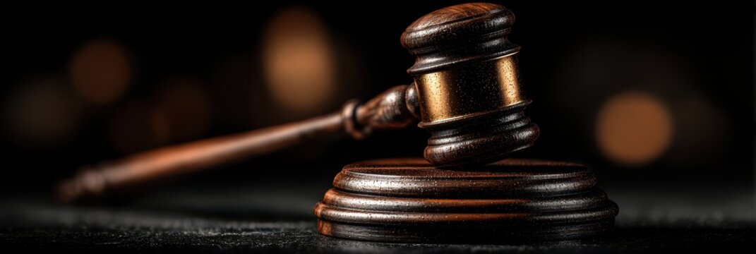 Gavel resting on wooden block symbolizes justice in court