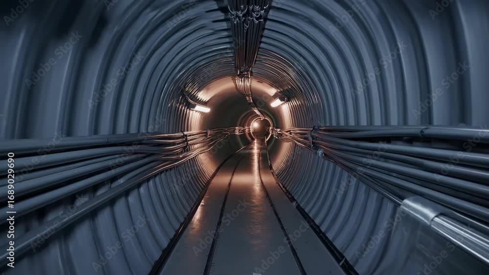 Poster futuristic tunnel with curved metal walls and illuminated pathway leads deep into the distance, crea