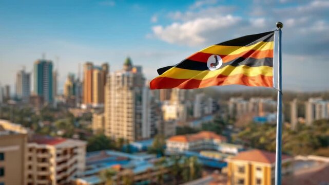 The Uganda flag waves proudly against a lively city skyline, celebrating Independence Day festivities.