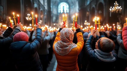 A warm atmosphere envelops a grand cathedral as individuals gather with lit candles in hand, reflecting a sense of unity and reverence.
