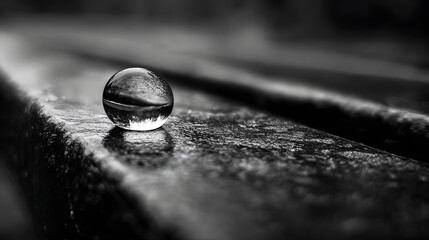 Macro Photography: Single Water Droplet on Metal Surface, Black and White