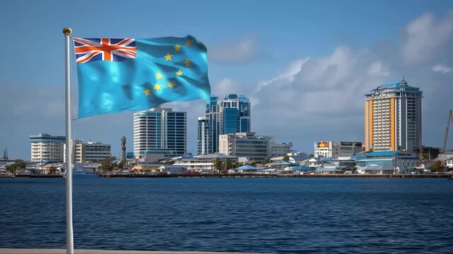 Flag of Tuvalu waves in the wind, celebrating Independence Day amidst colorful buildings and a clear sky.