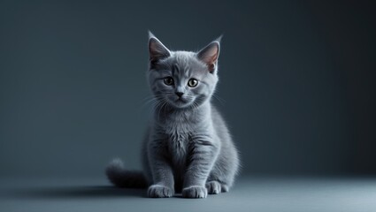 A cute gray kitten with bright eyes sitting on a dark background.
