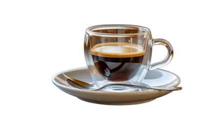 A double-walled glass cup filled with aromatic coffee, resting on a saucer with a small spoon.