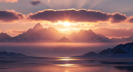 Majestic mountain range illuminated by a vibrant sunset over calm water