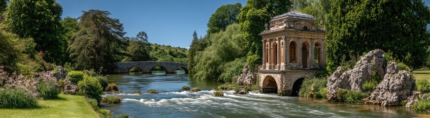 Fototapeta premium Panoramic view of a serene garden with a flowing river, a stone bridge, and a picturesque gazebo.
