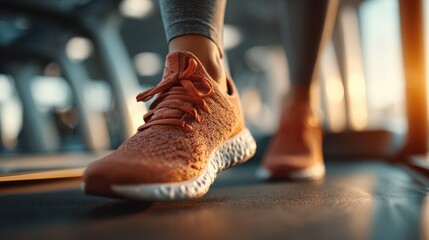 Person running on a treadmill in a gym during sunset with warm light illuminating the space