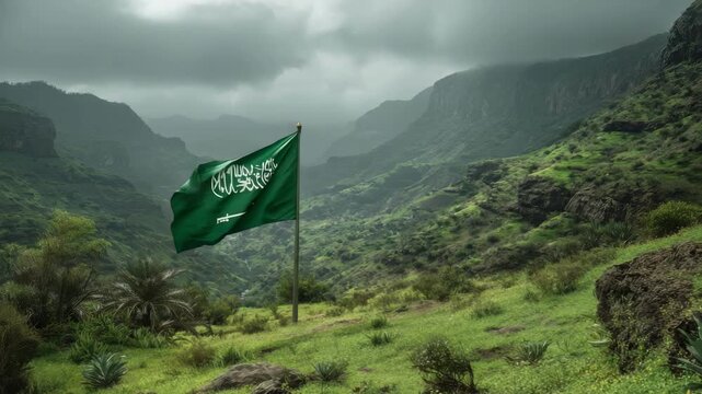 The Saudi flag waves in the mountains, symbolizing pride and independence against a cloudy backdrop.