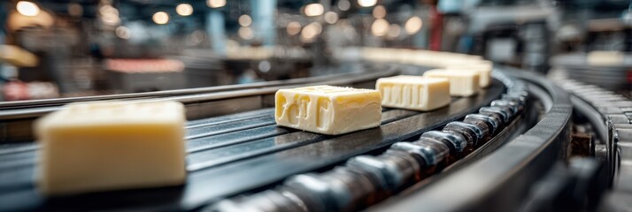 Conveyor belt transports freshly produced butter blocks at dairy processing facility