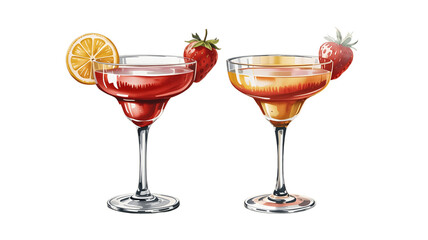 Two colorful cocktail glasses with fruits for a refreshing summer.