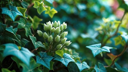 Cluster of white buds surrounded by green holly leaves.