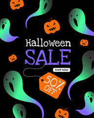 Halloween Sale Promotion Poster template with Halloween pumpkins, cute ghosts vector. Happy halloween background for business retail promotion, banner, poster, social media, feed, invitation