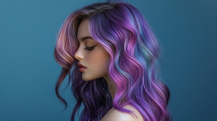Vibrant Colorful Hair of Young Woman with Wavy Hair and Closed Eyes Artistic Portrait