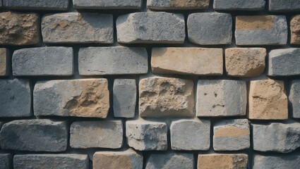 Fototapeta premium Texture of a brick wall with uneven, weathered bricks in various shades of gray and beige.