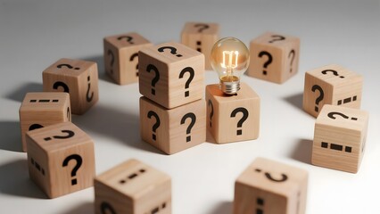Wooden cubes with question marks surrounding a central cube with a light bulb, symbolizing ideas or questions.
