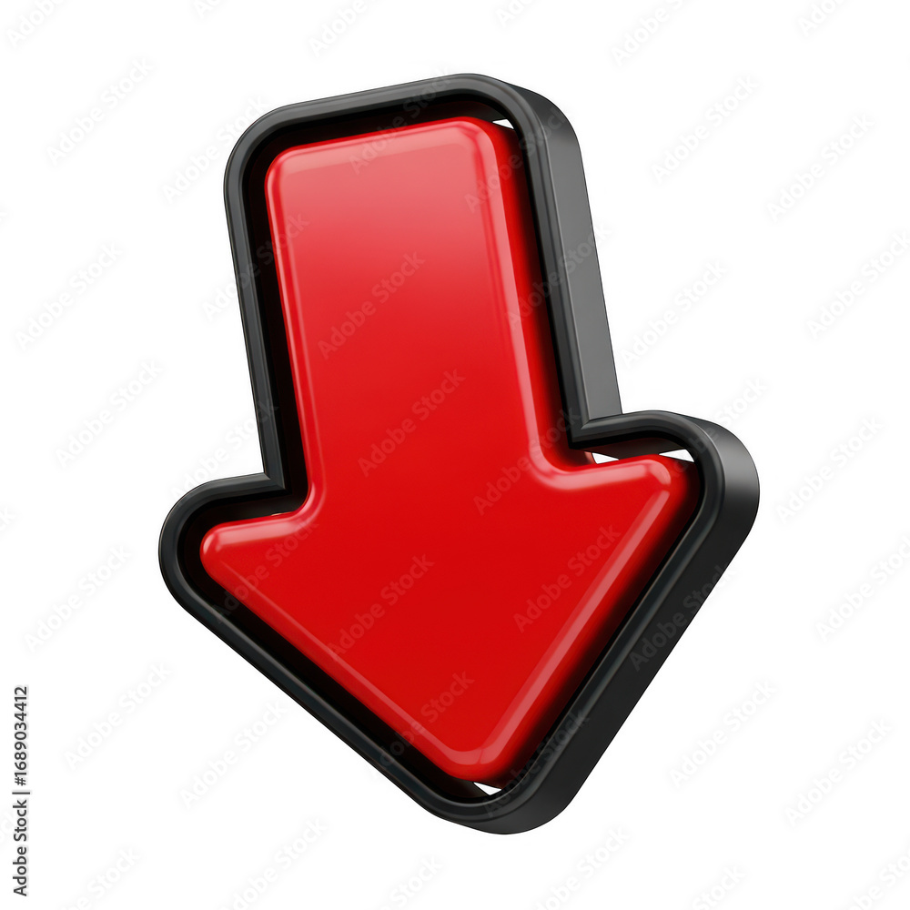 Poster glossy red down arrow symbol with black outline isolated on a dark surface transparent background