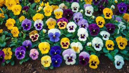 Colorful pansies in yellow, purple, white, and violet growing in soil.