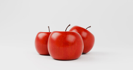Three Glossy Red Apples Close Up on White background