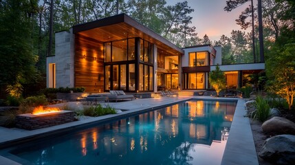 Obraz premium Breathtaking modern architectural masterpiece is nestled in a forest at dusk, featuring floor-to-ceiling windows and a reflecting infinity pool.