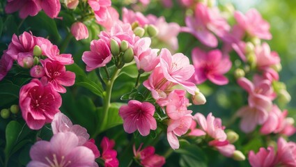 Obraz premium Pink and purple flowers in full bloom with green leaves, vibrant garden scenery.