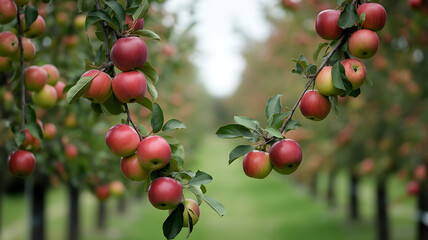 Fototapeta premium Heavy branches laden with ripe red apples frame a view down a long row of trees in a tranquil orchard.