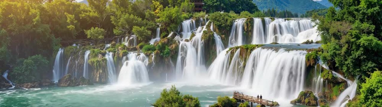 Majestic waterfalls cascading in lush green forest in national park.