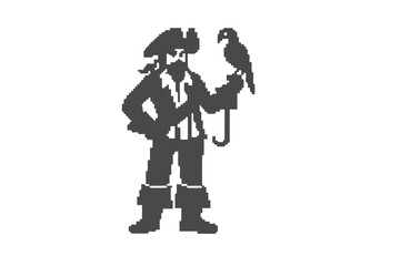 Pixel Pirate with Bird on Hand, 8bit Style, Art on White Background, Retro
