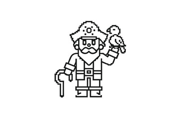 Pixel Pirate with Parrot and Cane on White Background in Minimalist Style